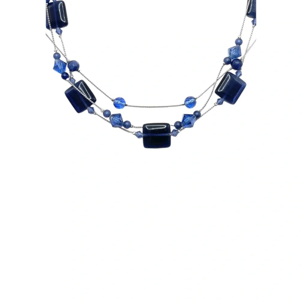 New~ Lia Sophia Cobalt Blue Art Glass Crystal Layered Illusion Necklace Retired